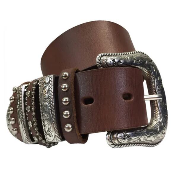 Nocona Multikeeper Belt Full Grain Leather Studded Dark Brown Silver M 32/34\